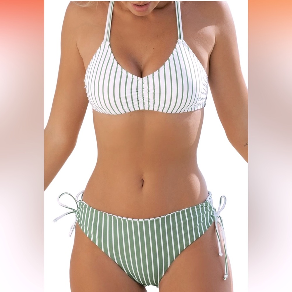 NWT CUPSHE Bikini Set Back Braided Straps w/Reversible Bottom Green&White Sz M